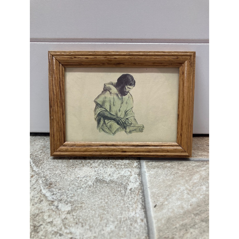 Vintage Jesus Christ Carpenter Sketch in Oak Wood Frame 6.25x4.75 Religious Art